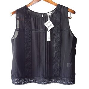 Max Studio Womens Black Lace Trim Pintuck Pleated Sleeveless Blouse Large NWT
